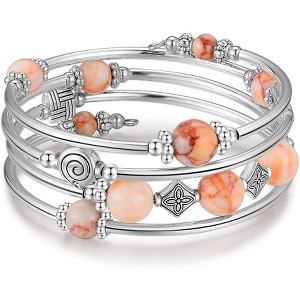 Beaded Pearl Bangle Wrap Bracelet with Thick Silver Metal Beads, Multilayer Bohemian Charm Jewelry for Women - 1 of 4