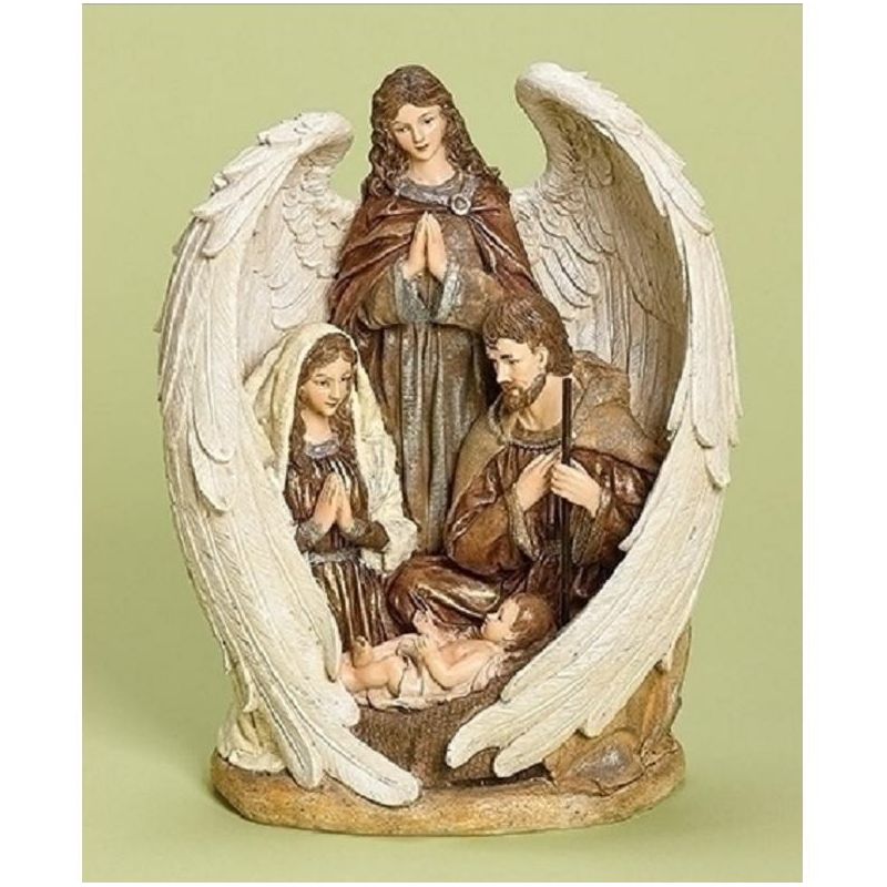 Roman 12.5" Brown and White Inspirational Holy Family with Angel Christmas Nativity Figurine, 1 of 2
