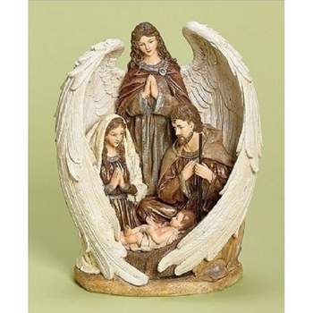 Roman 12.5" Brown and White Inspirational Holy Family with Angel Christmas Nativity Figurine