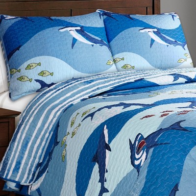 Blue Cotton Twin Reversible Shark Quilt Set