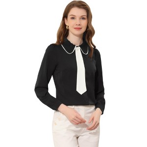 Allegra K Women's Long Sleeve Button Up Peter Pan Collar Work Office Shirt - 1 of 4