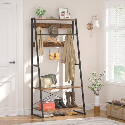 Aheaplus Hall Tree with Shelves, Wood Entry Coat Stand with Storage Shoe Rack