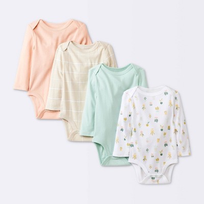 Image of Baby Girls' 4pk Long Sleeve Bodysuit - Cloud Island™ Khaki 0-3M