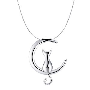 Cat on Moon Necklace for Women Kitty Pendant and Chain 14kt White Gold Plated Ginger Lyne Collection - 1 of 4