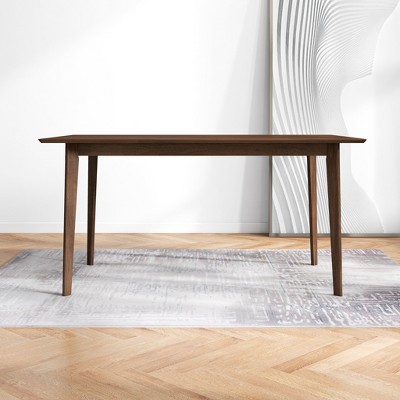 Vynxaria Solid Wood Dining Table, Mid-Century Modern Design, Brown Stain Finish, Beveled Edges, Seats 4-6 Comfortably
