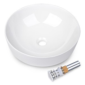 Aquaterior 16" Round Porcelain Ceramic Bathroom Countertop Vessel Sink w/Pop up Drain Hotel - 1 of 4