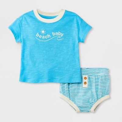 Image of Baby Beach Slub Jersey Top & Bottom Set - Cat & Jack™ Light Blue 0-3M