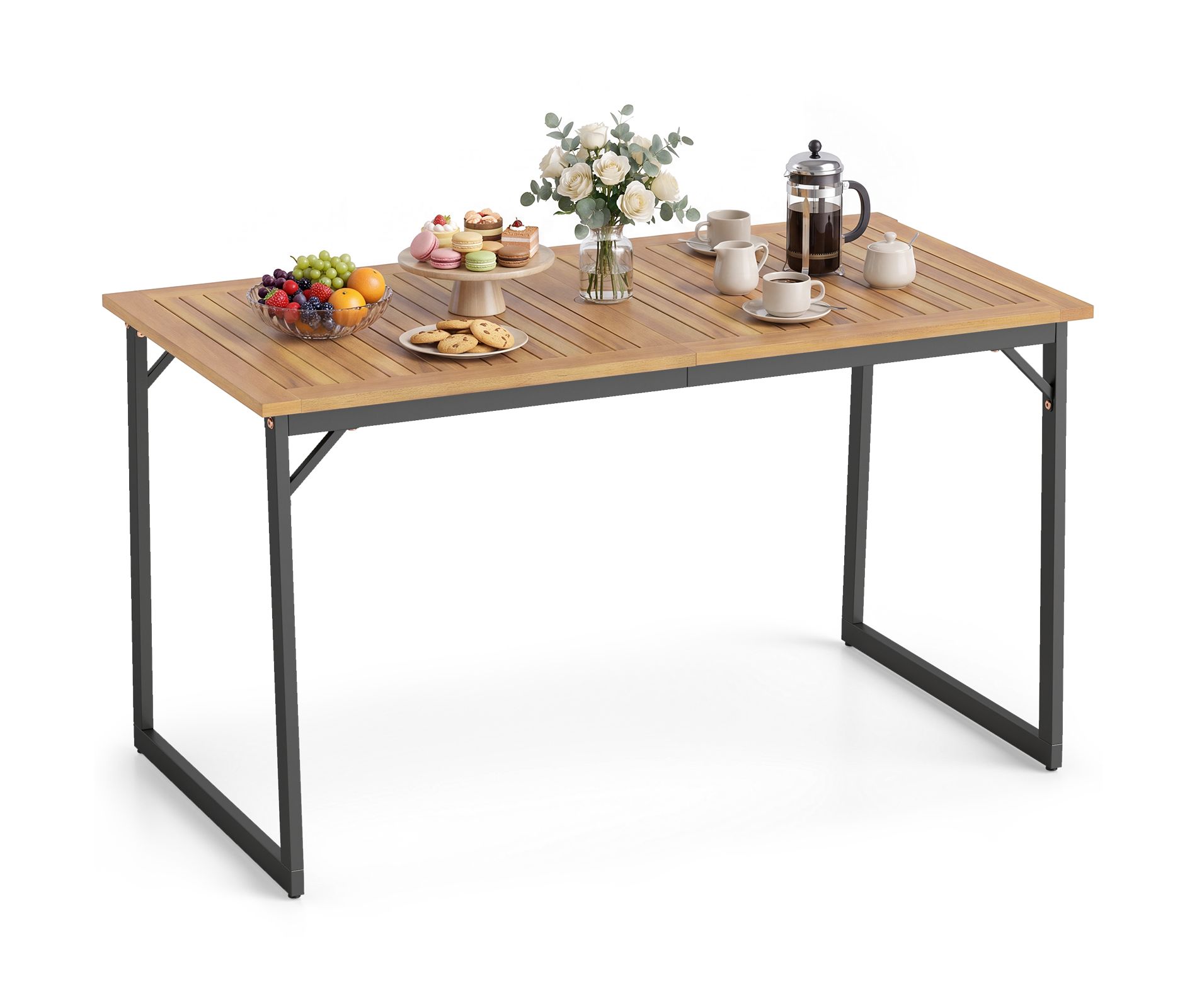 Costway Acacia Wood Patio Dining Table for 6, with Umbrella Hole, Slatted Top, Metal Legs Natural 59" x 27.5"