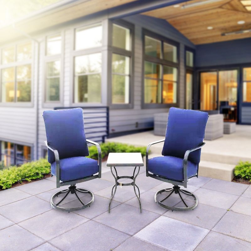 Four Seasons Courtyard Brookfield 3 Piece Deep Seating Patio Chat Set, Includes 2 Swivel Rockers with Olefin Cushions and Tile Table, Navy, 4 of 7