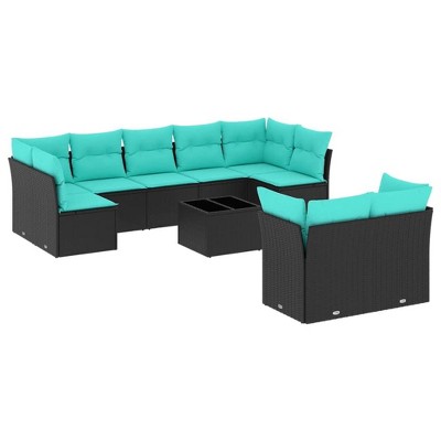 vidaXL 10 Piece Patio Sofa Set with Cushions Black and Blue Poly Rattan - With Table