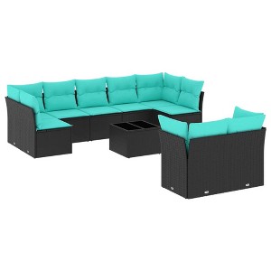 vidaXL 10 Piece Patio Sofa Set with Cushions Black and Blue Poly Rattan - With Table - 1 of 4
