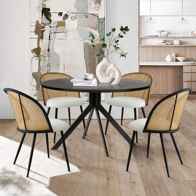 5-Piece Black Round Dining Set, 43'' Dining Table with 4 Rattan Back Upholstered Chairs, Modern Kitchen & Dining Room Furniture- Maison Boucle