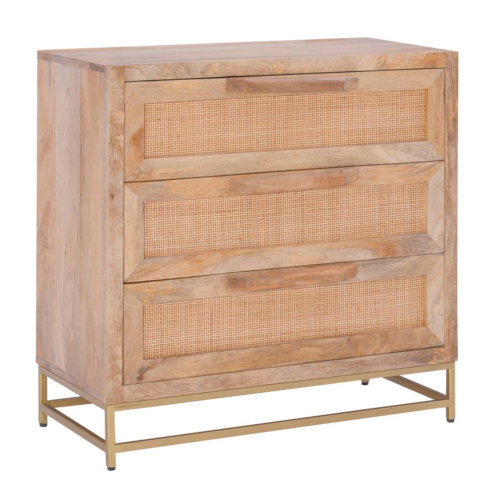 Gordon Transitional 3 Natural Cane Drawers Cabinet with Gold Metal Base - Powell