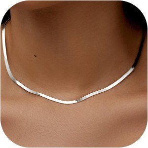 14K Gold/Silver Plated Herringbone Necklace for Women, Dainty Layered Choker Non-Tarnish - 1 of 4