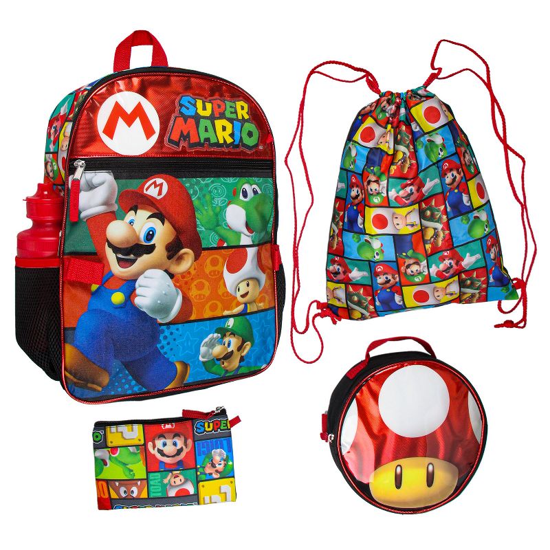 Super Mario Backpack with Detachable Mushroom Lunch Tote 16 Inch 5 Piece Set Multicoloured, 2 of 8