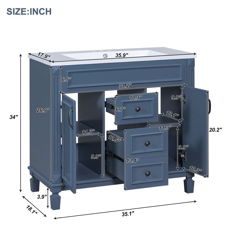 36" Bathroom Vanity with Top Sink, 2 Soft Close Doors and 2 Drawers, Royal Blue - ModernLuxe, 3 of 13