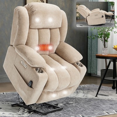 1pc Power Lift Recliner Chair, Chenille Fabric with Massage & Heat, USB Ports & Cup Holders for Elderly Support - Coolbibila
