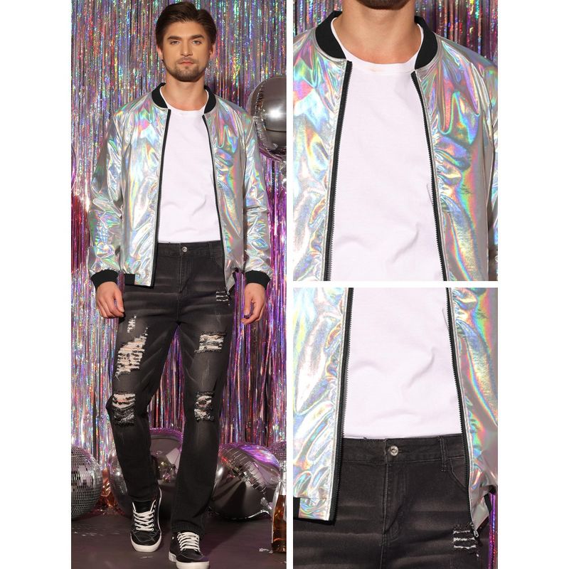 Lars Amadeus Men's Zip Up Long Sleeves Shiny Holographic Bomber Jacket, 4 of 6