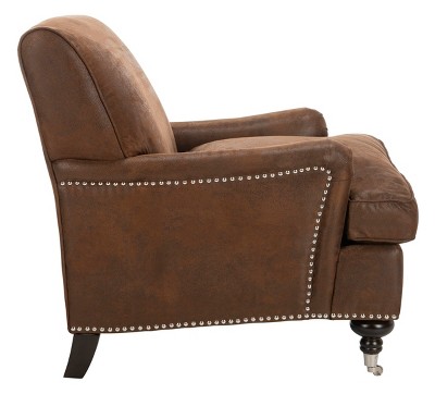 Espresso Birch Wood & Brown Faux Leather Armchair with Casters