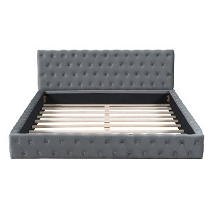 HomeRoots Gray Tufted Velvet Upholstered Queen Bed Frame - 1 of 4