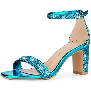 Allegra K Women's Glitter Square Toe Ankle Buckle Strap Chunky Heels Sandals - 1 of 4