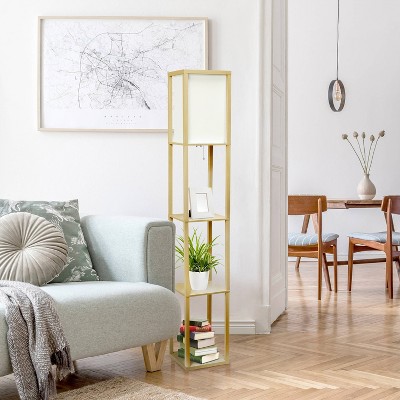 Tan Multifunctional Floor Lamp with Linen Shade and Storage Shelves