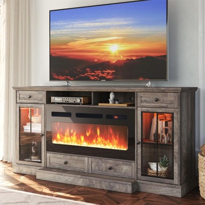 AOXUN 68" Fireplace TV Stand for TVs up to 78 Inch, Entertainment Center with 36" Electric Fireplace, Glass Doors, Media Console Cabinet, Grey