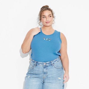 Women's Stitch Graphic Shrunken Tank Top - Blue - 1 of 3