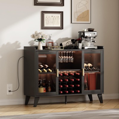 47" Industrial Wine Buffet with LED Lighting ¨C Modern Liquor Cabinet with Wine Racks, Glass Holders