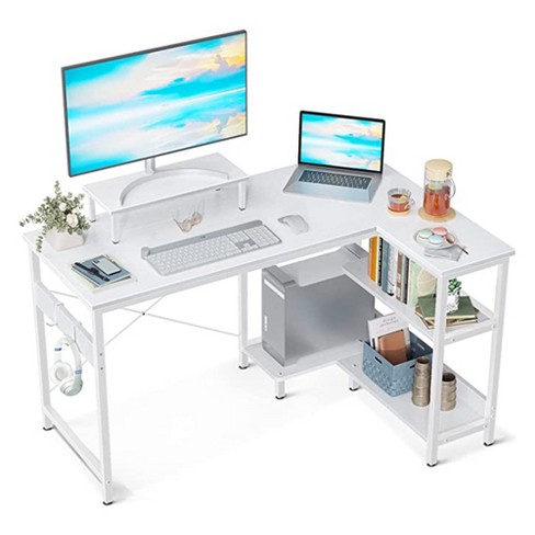 Tribesigns L Shaped Computer Desk with Reversible Storage Shelves,  Industrial Corner Desk Writing Study Table for Home Office Workstation,  White 