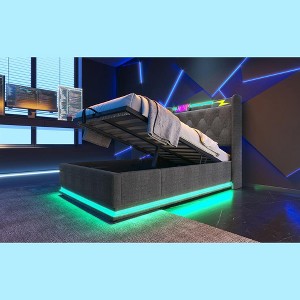 DOMETOUR Twin Upholstered Bed, LED Lights, Remote/App Control, Hydraulic Storage, USB-C Charging, Gray Linen (No Mattress) - 1 of 4