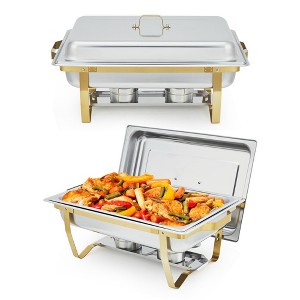 8QT Buffet Servers and Warmers Set, with Lid & Foldable Frame, Rectangular Stainless Steel Chafer Food Warmer for Catering Supplies, Gold - 1 of 4