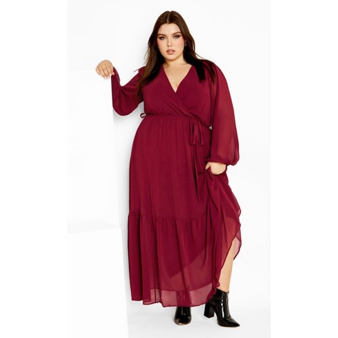 City Chic Enchant Women's Cape Sleeve Belted Maxi Dress hot in Mulberry Size M