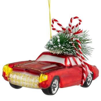 Ornament glass red car w/christmas tree H5.5cm (1192720055015), Vondels