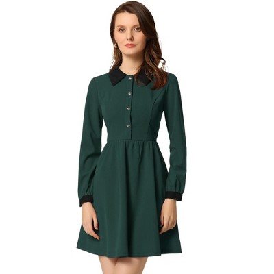 Allegra K Women's Peter Pan Collar Contrast Button Decor Long Sleeve Flare  Dress