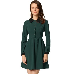 INSPIRE CHIC Women's Peter Pan Collar Contrast Half Placket Long Sleeve A-Line Party Flare Dresses - 1 of 4
