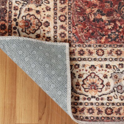 Vintage Medallion Red and Beige Synthetic Non-Slip Area Rug, 4'x6'