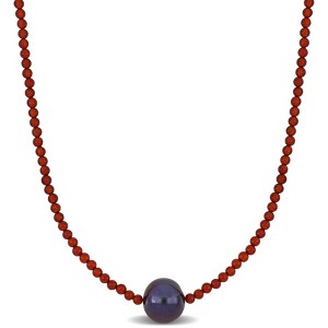 EVERLY JEWELRY | Sterling Silver 9-10mm Black Cultured Freshwater Pearl and Red Agate Beads - 18 in - 1 of 1