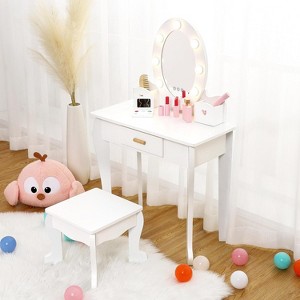 Kids Vanity Set, Pretend Play Girls Vanity Table and Chair Set with Lighted Mirror, Stool, and Wood Makeup Playset - 1 of 4