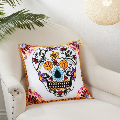 White Cotton Embroidered Sugar Skull Pillow Cover
