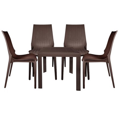 LeisureMod Kent 5-Piece Outdoor Dining Set with Plastic Square Table and 4 Stackable Chairs with Weave Design