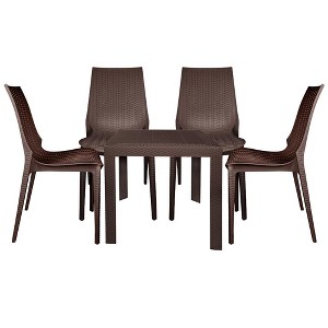 LeisureMod Kent 5-Piece Outdoor Dining Set with Plastic Square Table and 4 Stackable Chairs with Weave Design - 1 of 4
