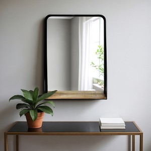 Metal & Glass Mirror with Mango Wood Shelf - Modern Rectangular Wall Mirror for Bathroom, Bedroom, Living Room, or Office - 1 of 4