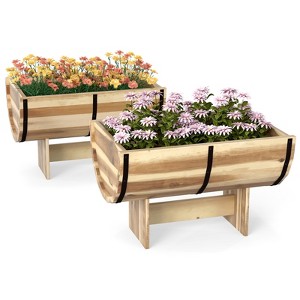 Tangkula 1/2 Pack Rustic Half Barrel Planters Wooden Flower Boxes with Acacia Wood Frame - 1 of 4