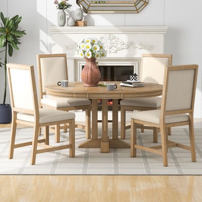 5-piece Dining Set With Extendable Round Table And 4 Upholstered Chairs ...