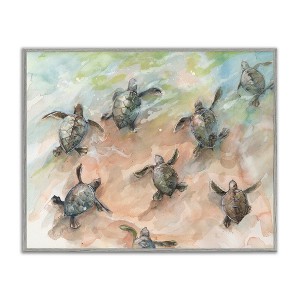 Stupell Industries Baby Sea Turtles Swimming Shore Framed Giclee Art, Gray, 14" x 11" - 1 of 4