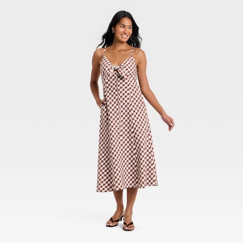 Женские платья A New Day Women's Sleeveless Bow-Front Midi A-Line Dress - A New Day™ Brown Gingham M