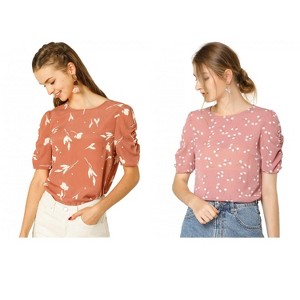 Allegra K Women's Floral Summer Crew Neck Casual Shirred Short Sleeve Blouse 2 Pcs - 1 of 4