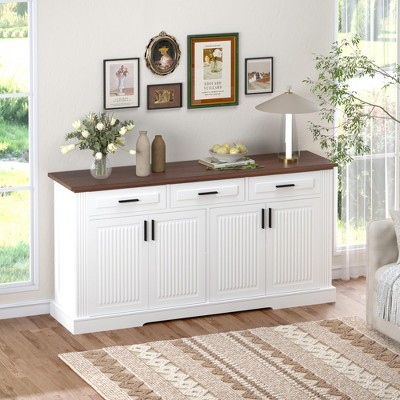 Okak Farmhouse Sideboard Buffet Cabinet with Storage, Fluted Wood Kitchen Console Table with 4 Doors & 3 Drawers for Dining Room Entryway