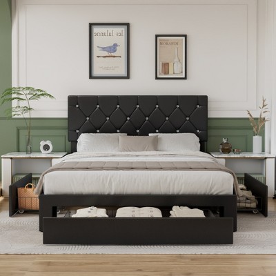 VECELO Queen/Full/Twin Size Bed Frame Leather Upholstered Platform Bed with Drawers and Headboard, Black/White